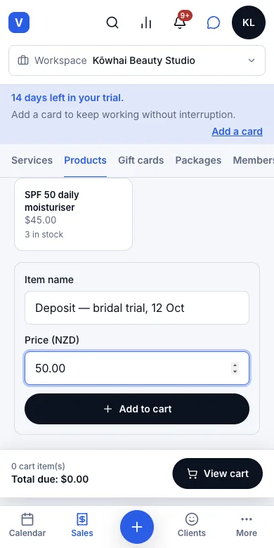Quick sale, with no invoice attached — Quick payment — a $50 deposit for a bridal trial — Phone