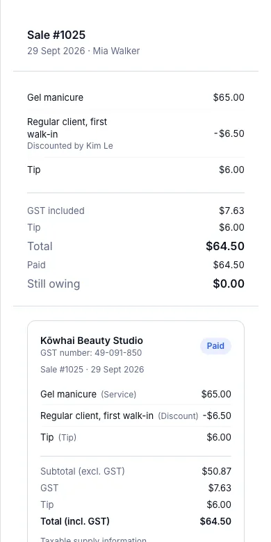 15% GST split out of a tax-inclusive price, the NZ way — View receipt — GST number, lines, subtotal excluding GST — Phone