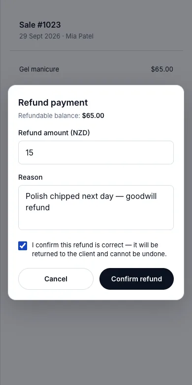 Refunds, reversing all three ledger legs — A $15 goodwill refund on sale #1023 — Phone