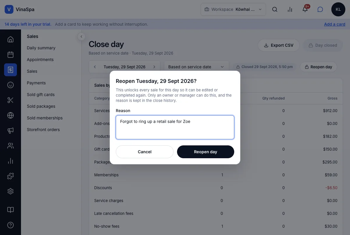 Reopen a locked day, with a reason and an audit trail — Reopen — forgot to ring up a retail sale — Computer