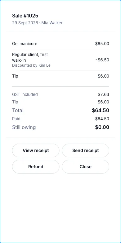 Counter sales, split across several payment methods — Result — sale #1025, paid $64.50, still owing $0.00 — Phone