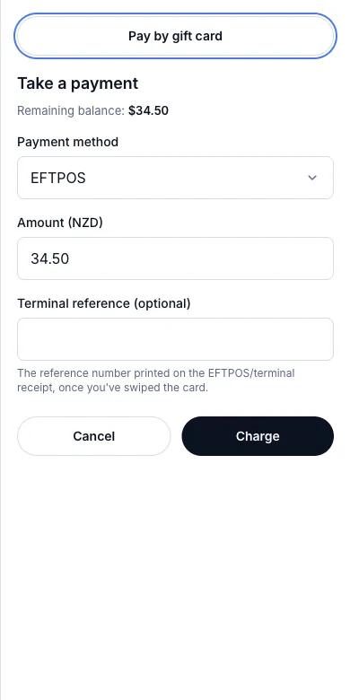 Counter sales, split across several payment methods — Second part — EFTPOS $34.50, the remaining balance — Phone