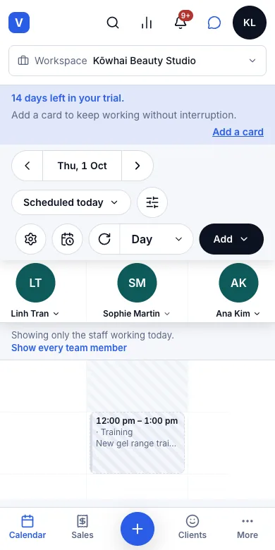 Blocked time (breaks, training, maintenance) — Result — the block on the calendar — Phone