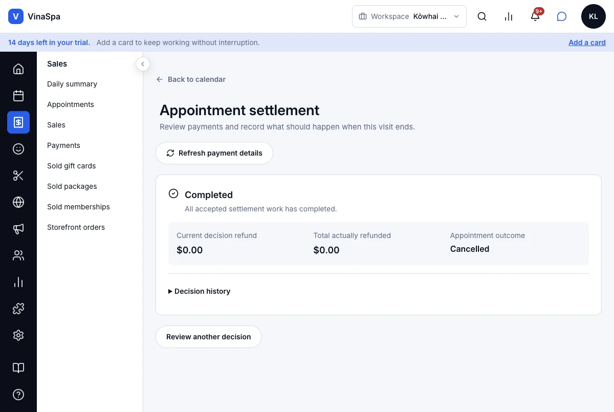 Book, reschedule and cancel appointments — Result — settled, outcome Cancelled — Computer