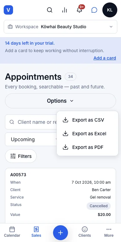 Export the appointment list to CSV — Options — Export as CSV, Excel or PDF — Phone