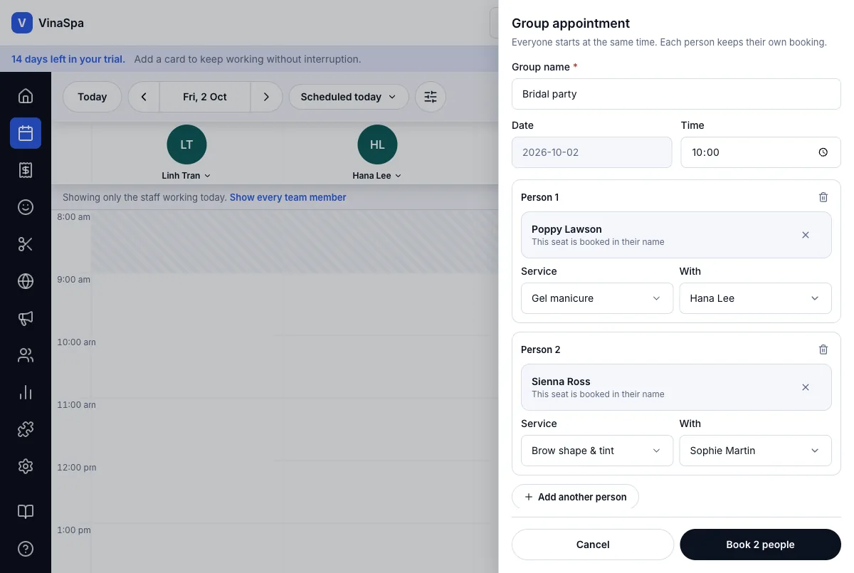 Group bookings (several clients, one time slot) — Two guests, each with their own service and staff member — Computer
