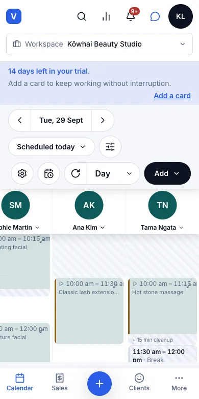 Visit status: arrived, started, finished, no-show — Result — completed (✓) and started (▷) on the calendar — Phone