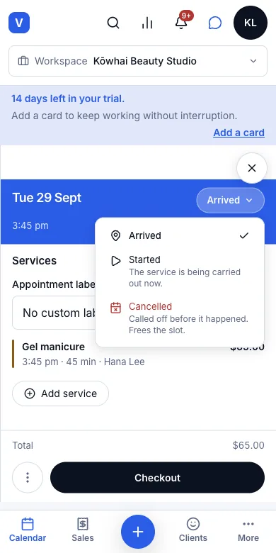 Visit status: arrived, started, finished, no-show — An arrived client: next is Started — Phone