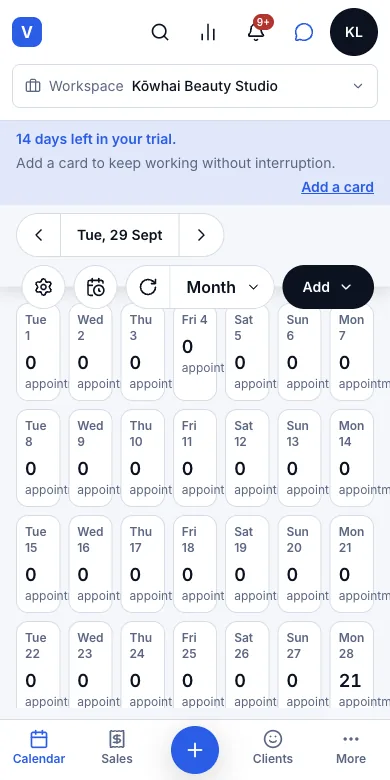 Calendar views: day, 3 days, week, month — Month view — the number of bookings each day — Phone