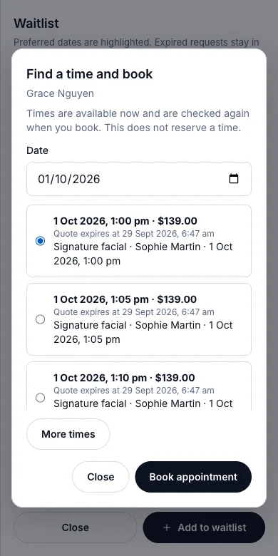 Waitlist, with called and booked status — Free times that match, 1 Oct — Phone