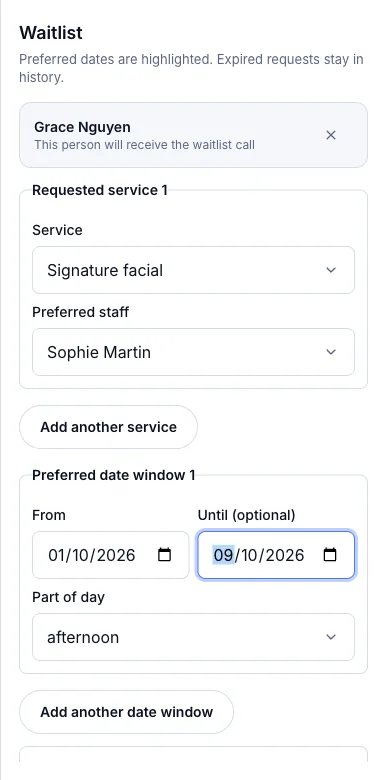 Waitlist, with called and booked status — Grace wants a Signature facial with Sophie, 1–9 Oct, afternoons — Phone