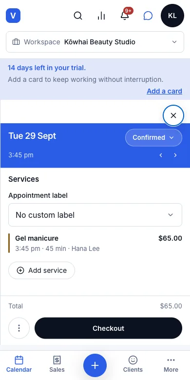 Walk-ins, placed in the next free slot — Result — Mia Walker, 3:45 pm with Hana Lee — Phone