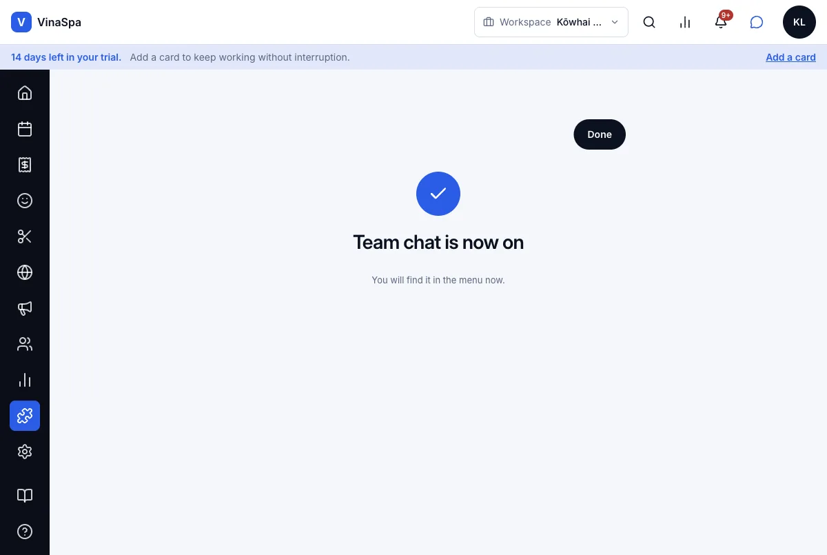 Switch each module on or off for your own salon — Result — Team chat is now on — Computer