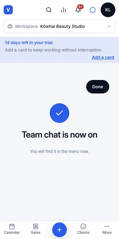 Switch each module on or off for your own salon — Result — Team chat is now on — Phone