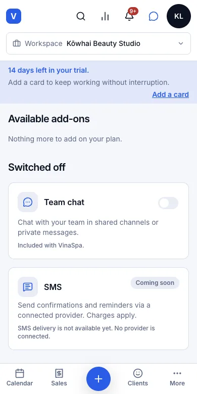Switch each module on or off for your own salon — Result — Team chat under Switched off — Phone