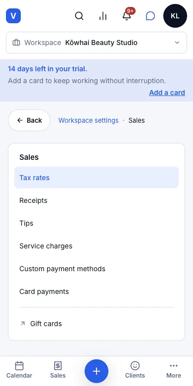 GST: on or off, the number, and printing it on a receipt — Tax rates — registered, with the GST number — Phone