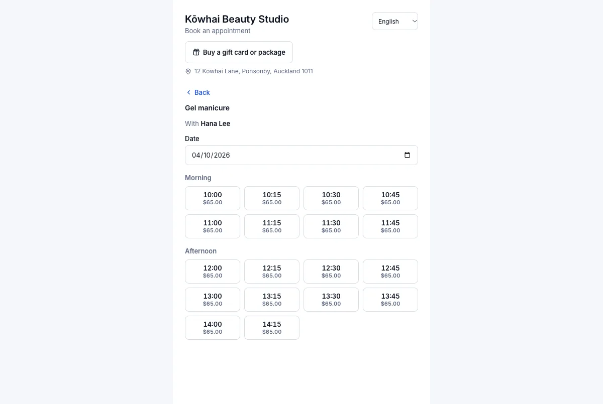 Opening hours per day of the week — Result — the booking page stops at 14:15 on Sunday — Computer