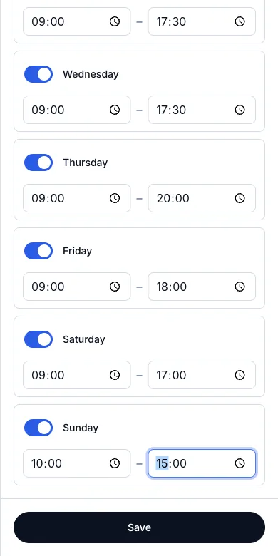 Opening hours per day of the week — Edit location — Sunday now closes at 15:00 — Phone
