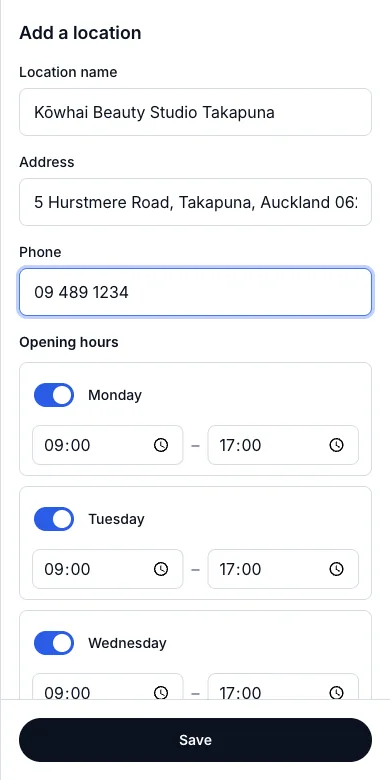 Managing several branches — Add a location — Takapuna — Phone