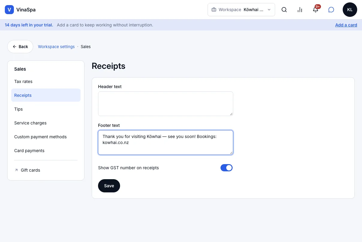 GST: on or off, the number, and printing it on a receipt — Receipts — GST number on, with a footer — Computer