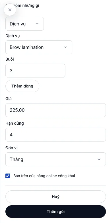 Gói dịch vụ trả trước — Gói mới — 3 buổi Brow lamination giá $225 — Điện thoại