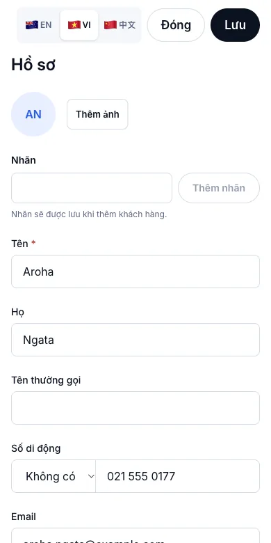 Hồ sơ khách đầy đủ: ngày sinh, nguồn giới thiệu, địa chỉ, người liên hệ khẩn cấp — Tên, liên lạc, ngày sinh, nguồn khách — Điện thoại