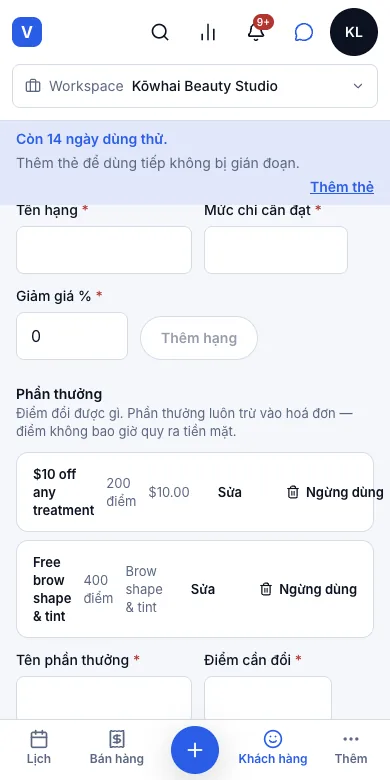 Điểm thưởng khách hàng thân thiết — Hạng và phần thưởng — Điện thoại