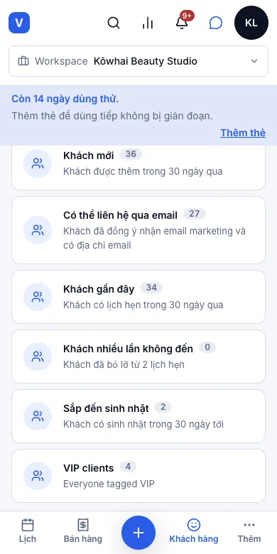 Nhóm khách tự cập nhật (khách mới, lâu không quay lại, sinh nhật…) — Kết quả — VIP clients, 4 khách — Điện thoại