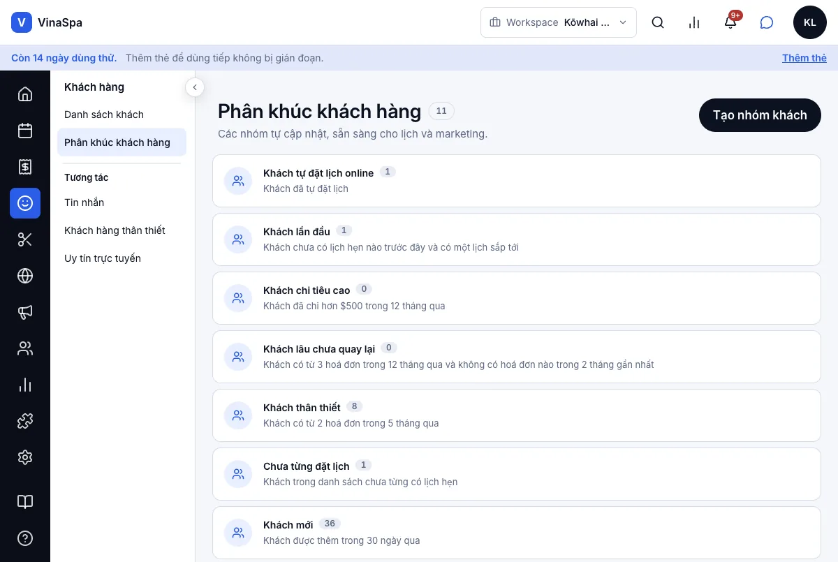 Nhóm khách tự cập nhật (khách mới, lâu không quay lại, sinh nhật…) — Các nhóm khách có sẵn — Máy tính