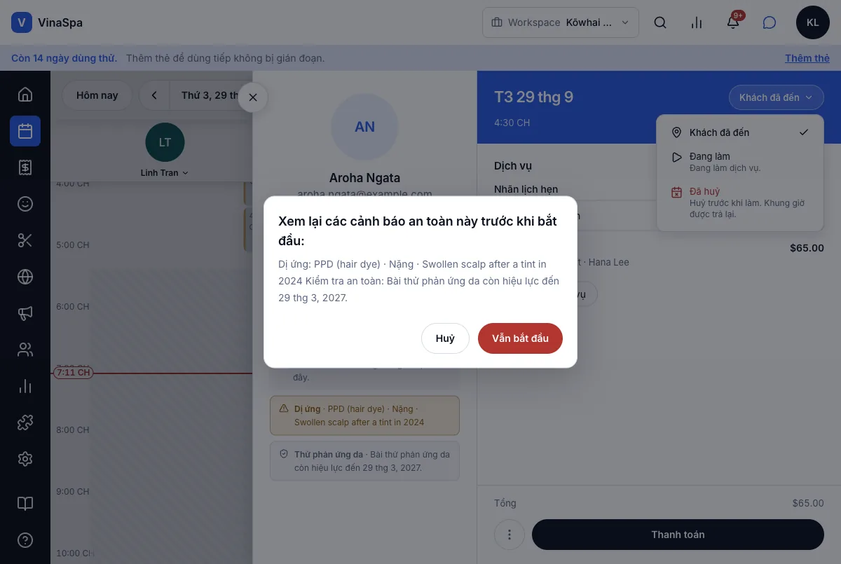 Cảnh báo thợ trước khi bắt đầu làm — Cảnh báo trước khi làm móng gel cho Aroha — Máy tính