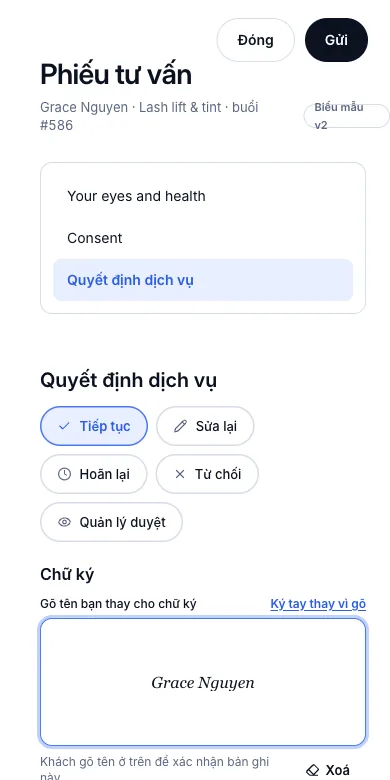 Khách ký tay hoặc gõ tên — Hoặc: khách gõ tên thay chữ ký — Điện thoại