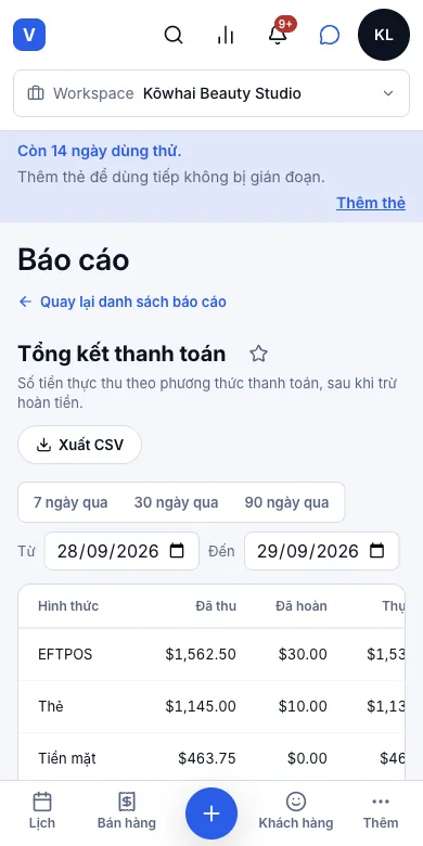 Báo cáo đọc từ sổ thanh toán nên hoàn tiền trừ đúng — Tổng kết thanh toán, 28–29 tháng 9 — Điện thoại