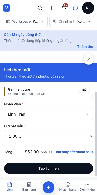 Giá ưu đãi hiện ngay trên lịch trước khi đặt — Lịch hẹn mới — $52.00, Thursday afternoon nails — Điện thoại