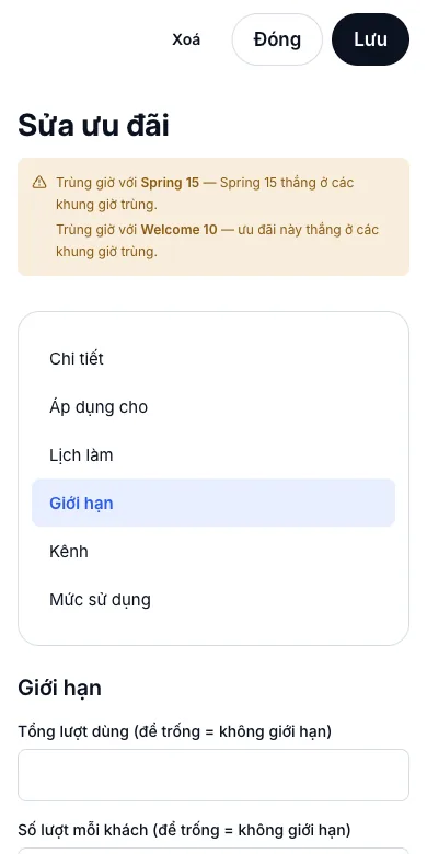 Giới hạn theo ngày và theo khách — Số suất mỗi ngày — 4 — Điện thoại