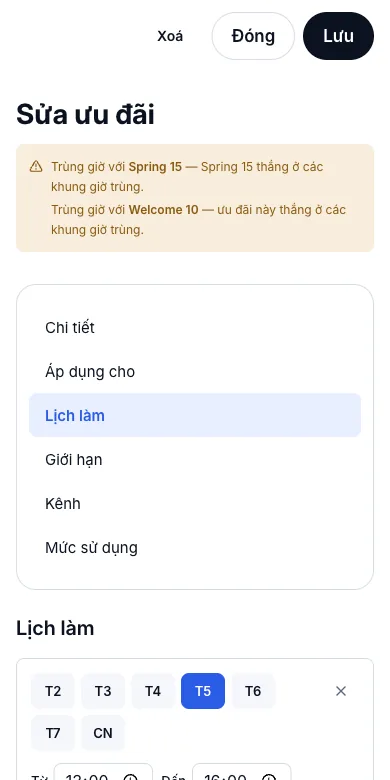 Giờ vàng lặp lại hằng tuần — Lịch — thứ Năm, 13:00–16:00 — Điện thoại