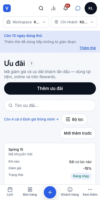 Mã khuyến mãi khách tự nhập — Ưu đãi — Spring 15, đã dùng 1/50 — Điện thoại