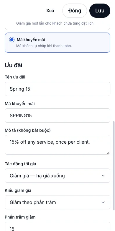 Mã khuyến mãi khách tự nhập — Mã SPRING15, giảm 15% — Điện thoại