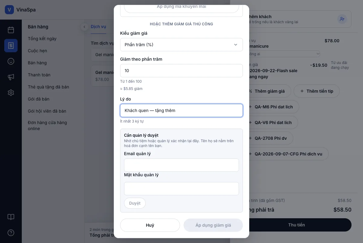 Duyệt giảm giá theo quyền — Login lễ tân — cần quản lý duyệt — Máy tính