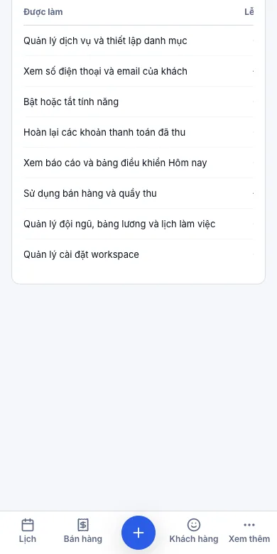Bốn vai: chủ tiệm / quản lý / lễ tân / thợ — Vai trò quyền hạn — mỗi vai được làm gì — Điện thoại