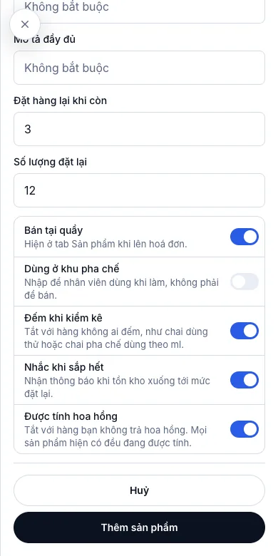 Sản phẩm bán lẻ, bán được tại quầy — Đặt hàng lại khi còn 3, và năm công tắc — Điện thoại
