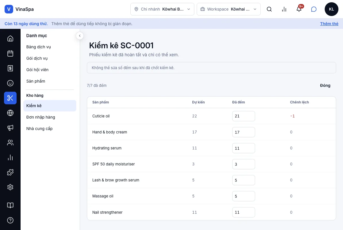 Kiểm kê định kỳ — Kết quả — đã chốt, chỉ xem được — Máy tính