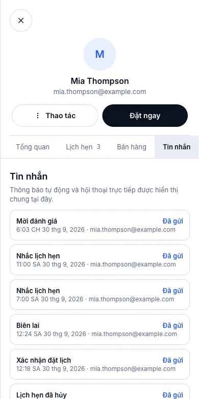Xem lại mọi thư đã gửi cho từng khách, cả thư gửi hỏng — Mia Thompson — Tin nhắn — Điện thoại