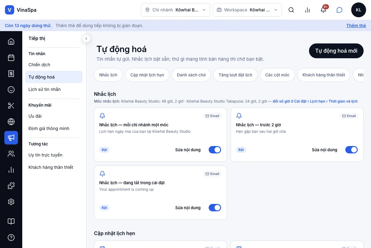 Tiệm tự đặt nhắc trước bao nhiêu giờ — Kết quả — Kōwhai 48 giờ, Takapuna 24 giờ — Máy tính