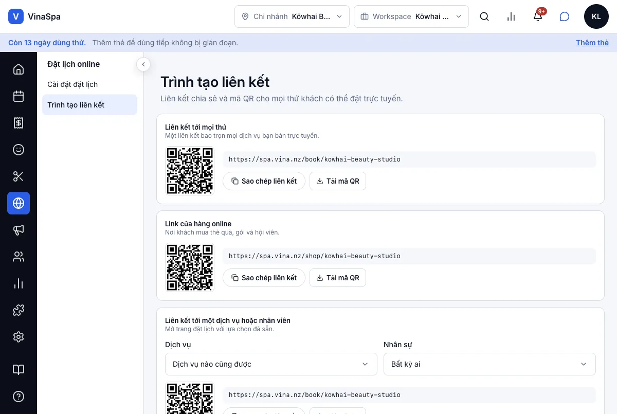 Trang đặt lịch riêng của tiệm — Trình tạo liên kết — link nào cũng có mã QR — Máy tính