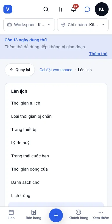 Chọn nhân viên, hoặc "ai rảnh cũng được" — Tùy chọn đặt lịch — ba công tắc về nhân viên — Điện thoại