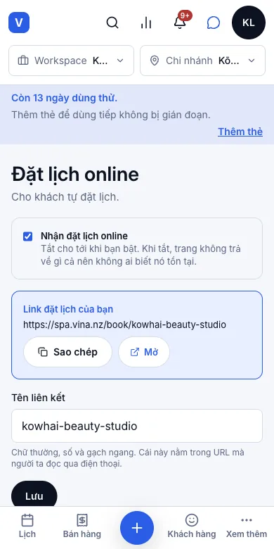 Trang đặt lịch riêng của tiệm — Cài đặt đặt lịch — đã bật, kèm link của tiệm — Điện thoại