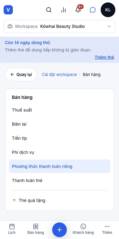 Tiền mặt, EFTPOS, chuyển khoản — ghi tay — Kết quả — đã thêm Account credit — Điện thoại
