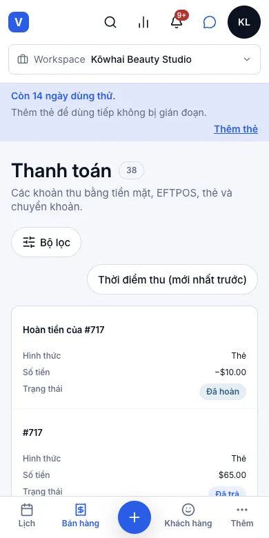 Sổ thanh toán chỉ ghi thêm, không bao giờ sửa — Hoàn tiền của #717 thành một dòng riêng — Điện thoại