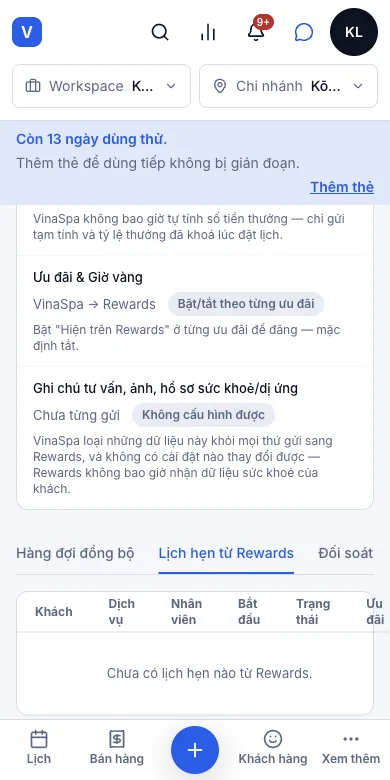 Nhận lịch hẹn từ ứng dụng VinaRewards — Lịch hẹn từ Rewards — chưa có — Điện thoại