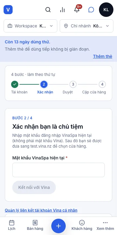 Nhận lịch hẹn từ ứng dụng VinaRewards — Bước 2 / 4 — bước 1 đã tích, tiếp theo là mật khẩu — Điện thoại